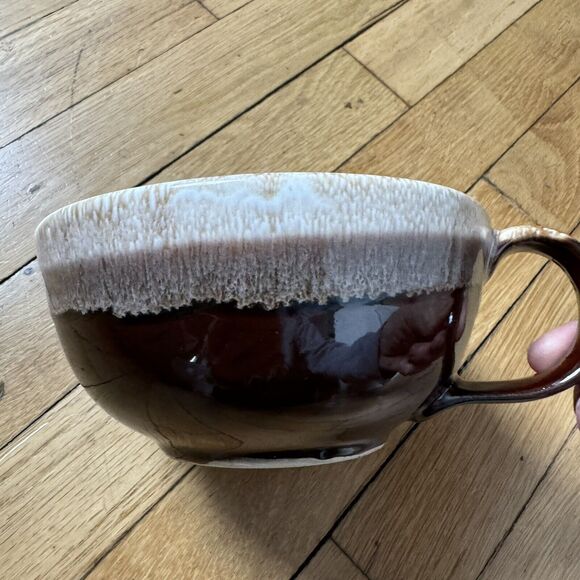 Large Ceramic Soup Mug Bowl Brown Beige Drip Glaze USA Vintage Tableware Mcoy - Picture 8 of 9